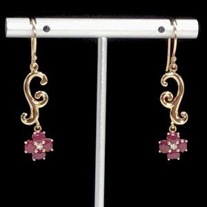 14K Yellow Gold Ruby Diamond Earrings Dangle 3.7 Grams 1 5/8”
